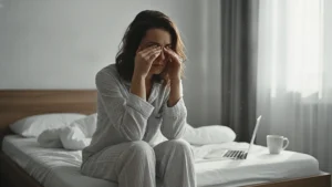 Mujer sentada en la cama mal dormida